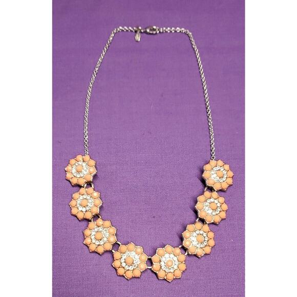 Premier Designs Coral Colored Flower Station Necklace, with clear rhinestones - Picture 1 of 9